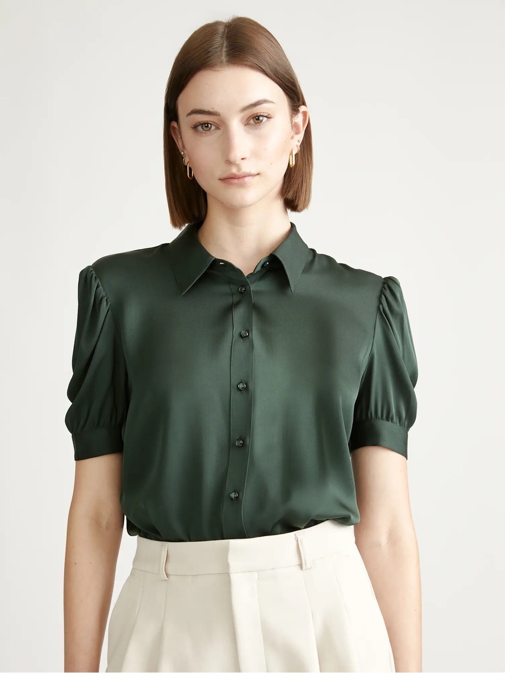 Quince Washable Stretch Silk Puff Sleeve Blouse Forest Green Sz M Contemporary
